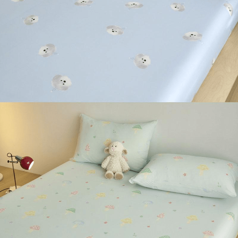 Lullabuy 萌趣夏日卡通凉感床笠(床笠*1+枕套*2) 夏季床品冰凉舒肤 格子熊仔 蓝-Queen Size