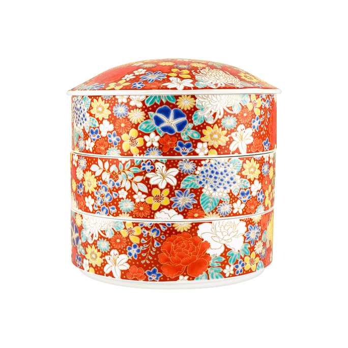 日本KUTANI 九谷烧 釉上彩绘三层盒御節料理便當 三重箱 正月和食器压岁菜茶饼罐收纳盒 一物多用 红花15.5*15.5cm