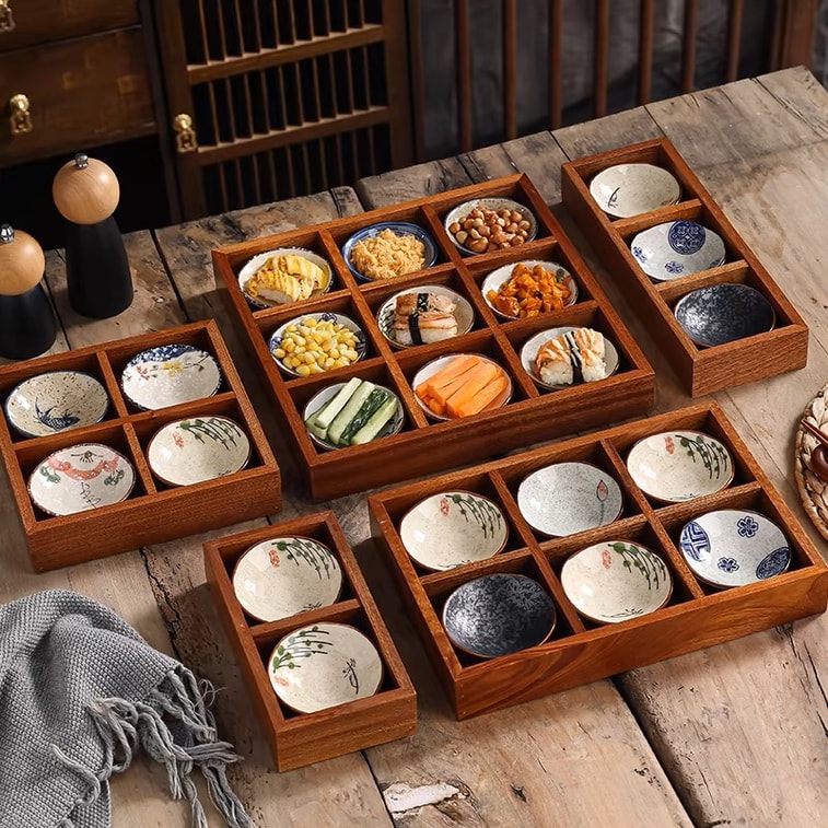 慢時光 竹木火鍋拼盤 九宮格托盤 火鍋格子 網紅火鍋店創意竹製蔬菜肉烤肉配菜盤子 圍爐煮茶托盤 乾果盤 水果點心收納盒 糖果瓜子零食擺放茶點盤 日料 日式調味料碟 【九宮格帶9個小碟子】 4