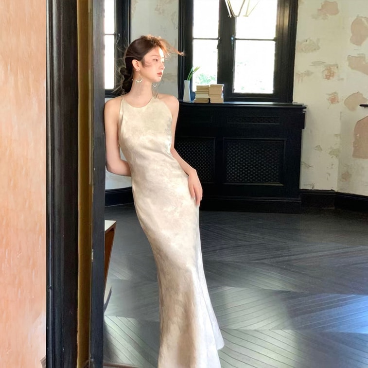 French Elegant Slim Waist Mermaid Dress Halter Long Dress Off Shoulder Sleeveless Natural Linen L 1 Piece 4