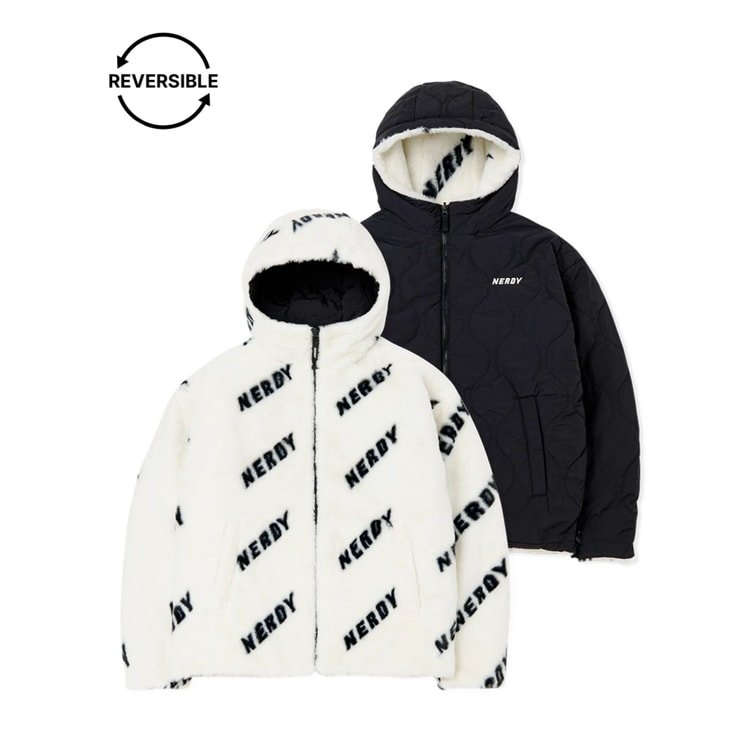 [ NERDY ]★韓国人気★MUHLY REVERSIBLE LOGO JACKET NERDY【加拿大/韩国直邮】秋冬男女同款双面毛绒LOGO外套黑色S - 亚米