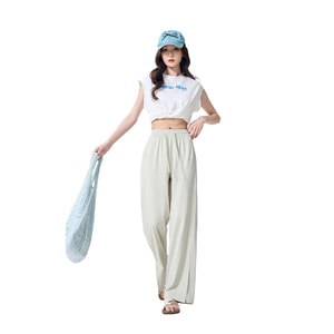 Women's Ice Silk Sun Protection Pants High Waist Loose Wide Leg Quick Dry Casual Sports Trousers Sea Foam Green (Split Hem Style) Size L 1 Piece
