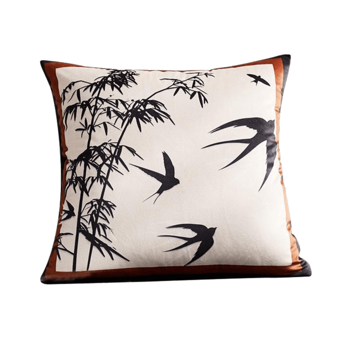 Kawashimaya Chinese Style Square Throw Pillow Cushion, Bamboo Shadow & Swallow Pattern, Sofa Cushion, Beige, 50*50cm