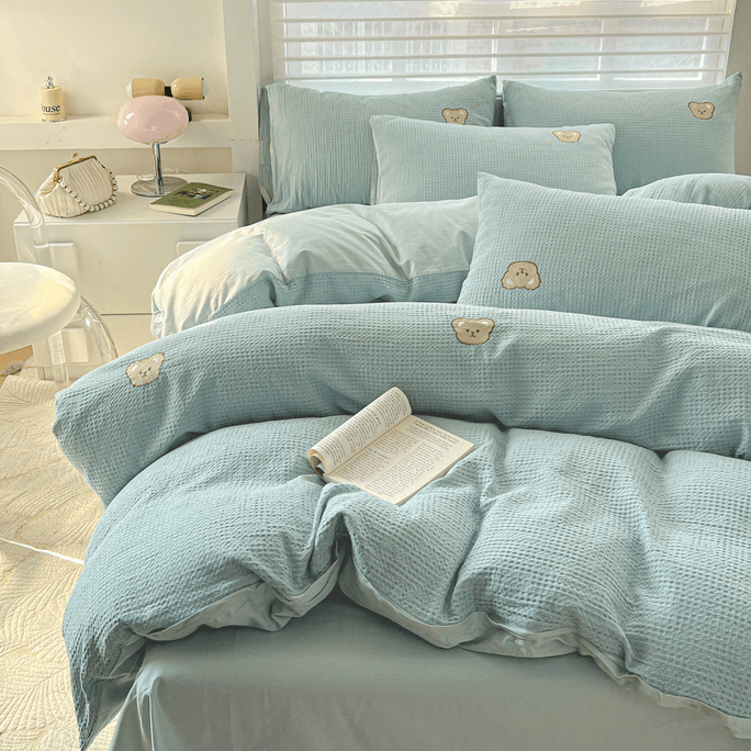 Teddy Waffle Bedding Set Sky Blue-Double