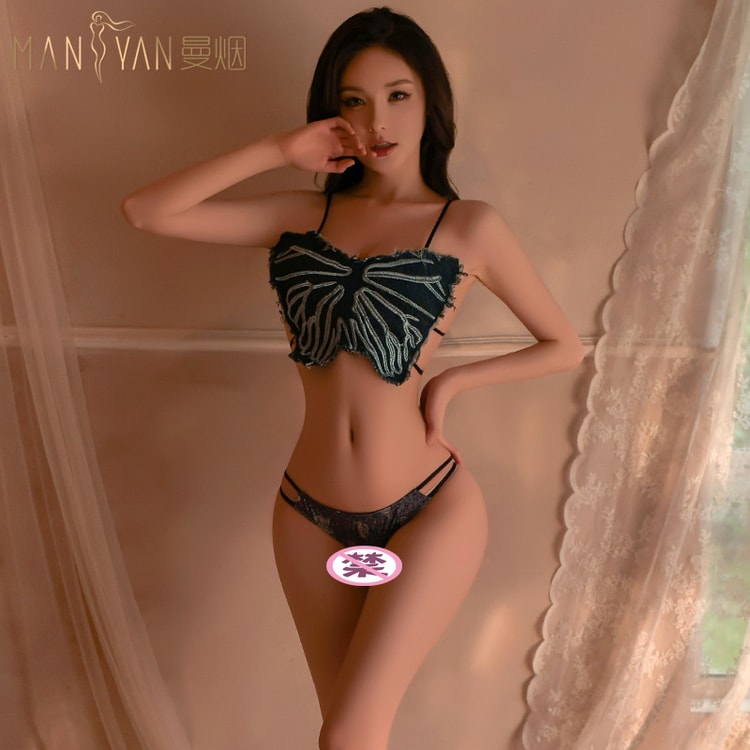 Fun Lingerie Sexy Camisole Backless Retro Butterfly Denim Three-point Set Blue One Size - Yami.com Fun Lingerie Sexy Camisole Backless Retro Butterfly Denim Three-point Set Blue One Size - Yami.com