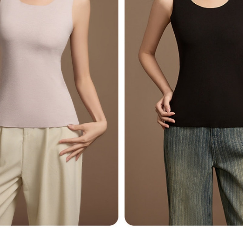 Women's Winter Satin-Finish Couple's Tank Top Set Simple, Slim-Fit, Warm Top Soft Round Neck Base Layer Women's L Size Black + Black Two-Piece Set