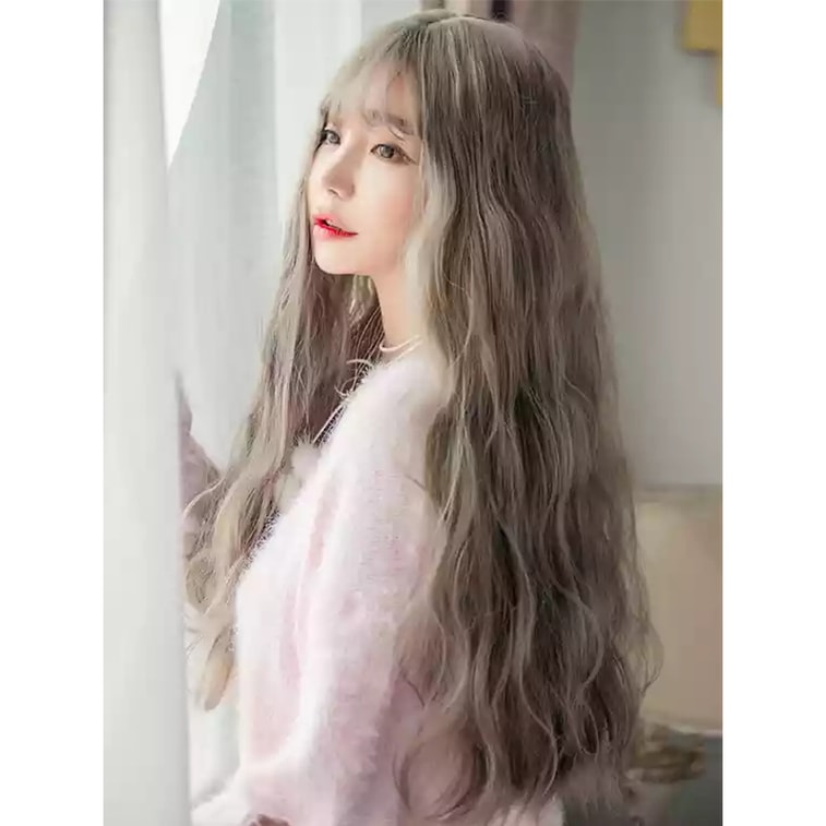 【中国直邮】尚青丝 长波浪羊毛逼真空气刘海泡面长卷发头套 60cm焦糖色(中长款)1件 6