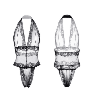 【中国からの直送】フェイム シンプル レース ホルターネック シースルー ボディスーツ セクシー ランジェリー