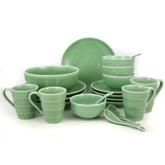 Green Valley High-Quality Luxury 21-Piece Peony Pattern Celadon Kitchen Tableware Set Plum Green [Pack of 21]