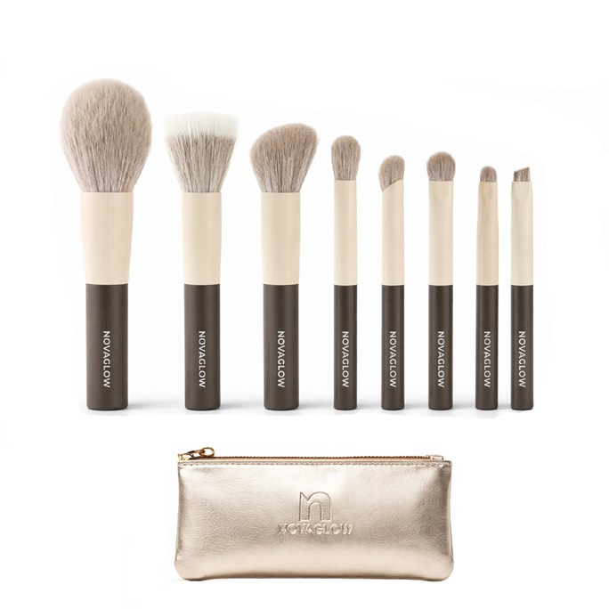 노바글로우 공식 인증 플래그십 스토어(미국) 에센셜 글로우 8종 미니 여행용 메이크업 브러쉬 세트 (브러시 파우치 포함)