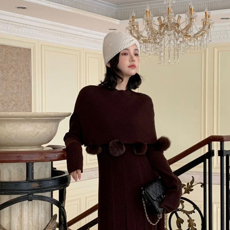 dress knitted autumn fur Winter V Neck Knit Ball Shawl Two Piece Set Ladies Maxi Dress Basha Camel M SEASON::Holiday 2024
