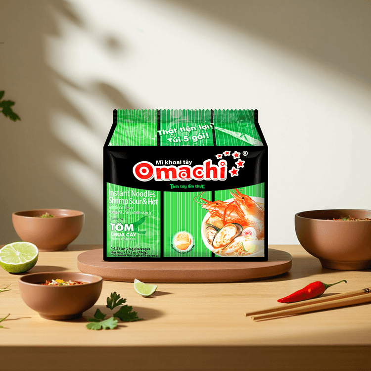 OMACHI Shrimp Flavour Sour & Hot Instant Noodle, 2.75 oz*5 - Yami.com