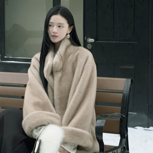 【中国直送】HSPM 韓国風ヴィンテージファーコート レディース エコフレンドリー ミンクファー ミドル丈 スタンドカラー ルーズファーコート ミルクコーヒー色 Mサイズ
