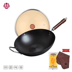 王元吉 ⭐初心者向け定番モデル⭐【時代を超えた定番、さらに美味しい炒め物】 直径32cmの無塗装精鉄製中華鍋、大口径で錆びにくい！ 3～5人分におすすめ。ガスコンロ/IHクッキングヒーター対応。
