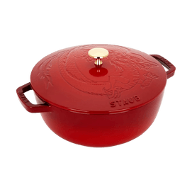  5-Quart Cherry Red Cast Iron Dutch Oven, Horse-shaped Lid with Brass Knob, French Origin