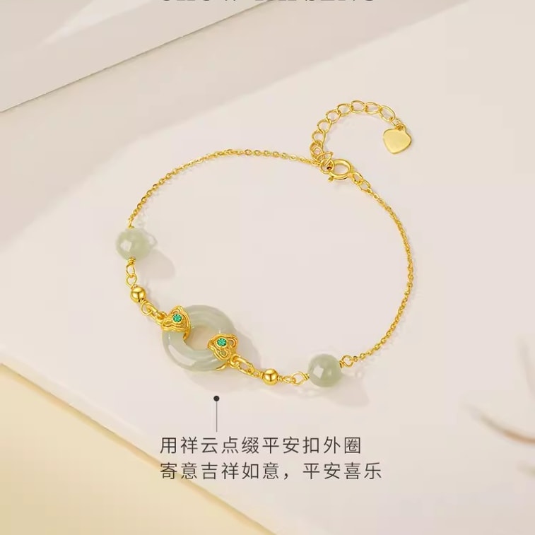【中国直邮】 周大生 平安扣和田玉银手链薄荷曼波风祥云玉石手串送女友生日礼物  平安扣手链 3