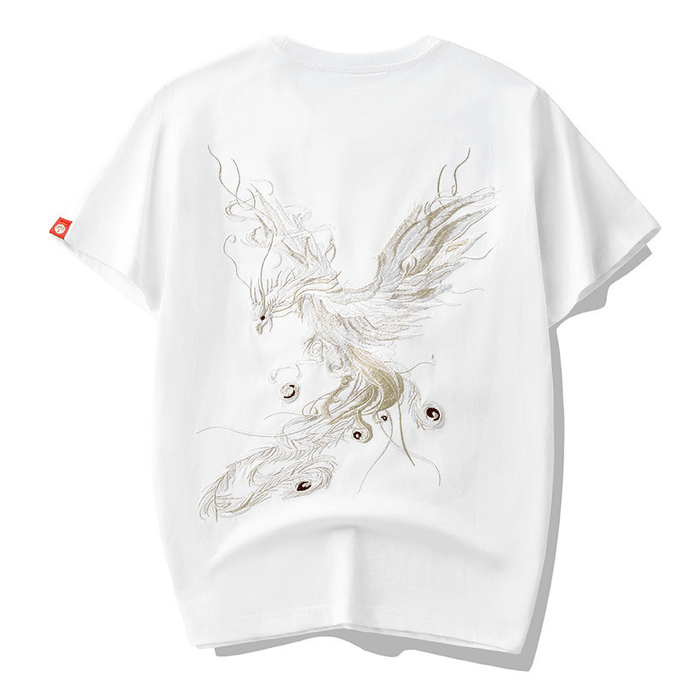 Chinese Style Phoenix Embroidered Short Sleeve T-shirt For Men WhiteX-Large