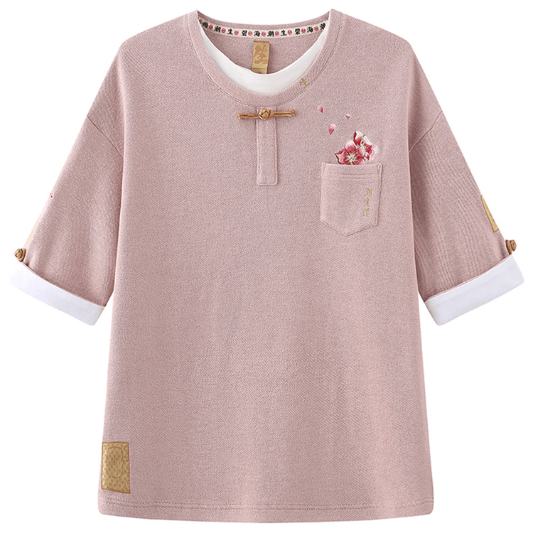 Chinese Peach Blossom Embroidered Print Retro Button Short Sleeve