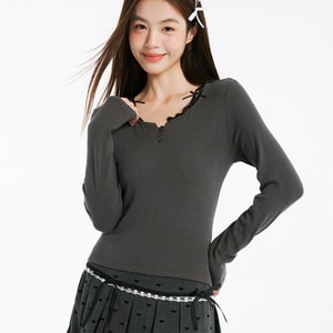 【中国直邮】 HSPM 蝴蝶结蕾丝花边领长袖针织衫 修身内搭打底保暖上衣 碳灰2XL码