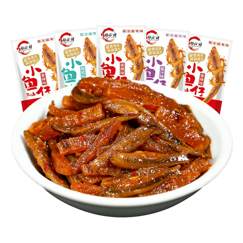 Spicy small dried fish snacks ready-to-eat leisure food 12 bags * 7 grams.