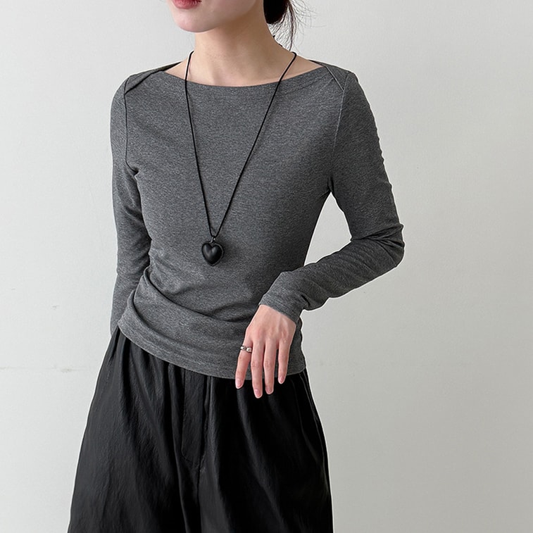 Inner‑wear Long‑Sleeve T‑Shirt Cement Gray M 1 piece Vintage High‑Intellectual Boat‑Neck Slim‑Fit Figure‑Flattering Y2K‑Chic Top 3