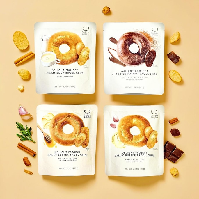 【线上独家】韩国DELIGHT PROJECT 香脆贝果片 蜂蜜黄油味+蒜香黄油味+巧克力肉桂味+奶油浓汤味 4包【4口味组合装】【Olive Young贝果片】