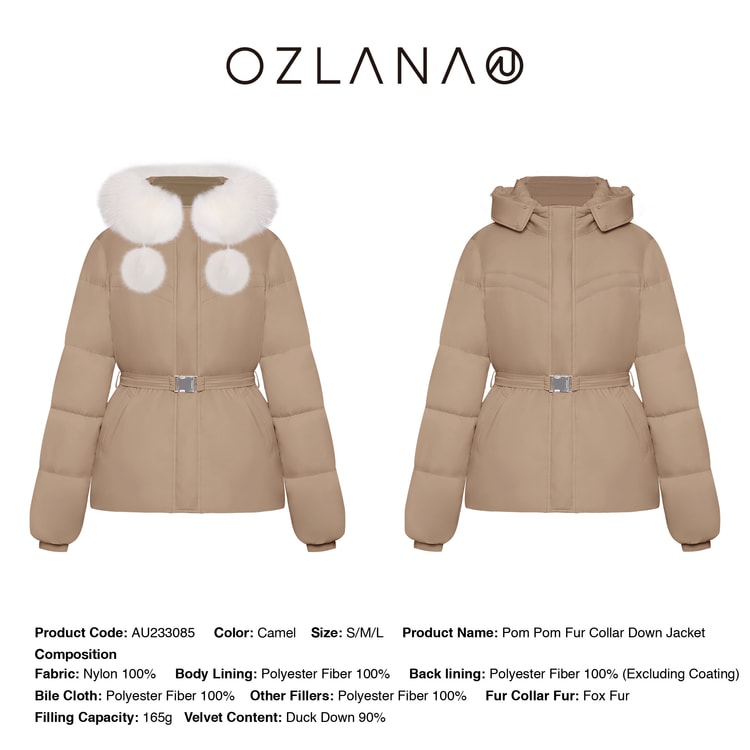【中国直送】OZLANA フォックスファー襟ダウンパークジャケットフード付きパッド入りジャケット 2023  冬の新作ファッション暖かいジャケット女性用ポンポンウエストダウンジャケットキャメル S 発送には5-15営業日かかります