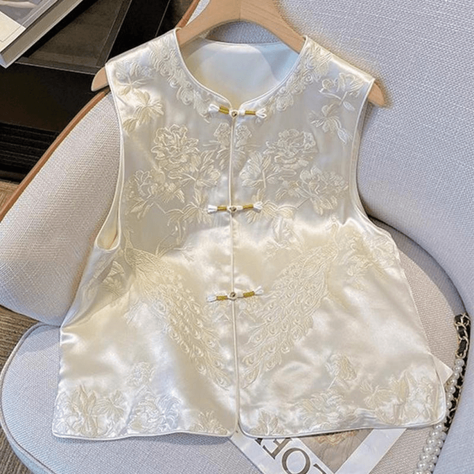 Chinese Style Stain Embroidery Knot Button Tang Suit Vest Coat for Women White M