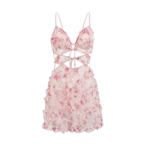 Whispers in Bloom Pink Rose Embossed Lace-Up Sheer Mesh Babydoll with Cutout Waist and Open Back