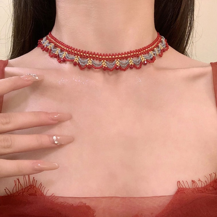 Multi Layer Vintage Beaded Necklace Seine Afternoon Exotic Style Choker Red Blue F 1 Piece 3