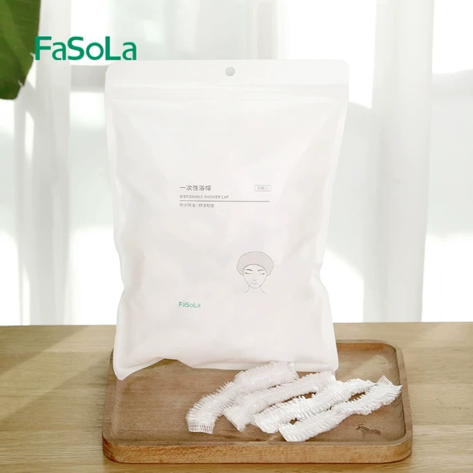 Disposable shower cap, waterproof, suitable for showering and cooking to prevent oil fumes, made of new PE material, easy to stretch, good toughness, 50 pieces