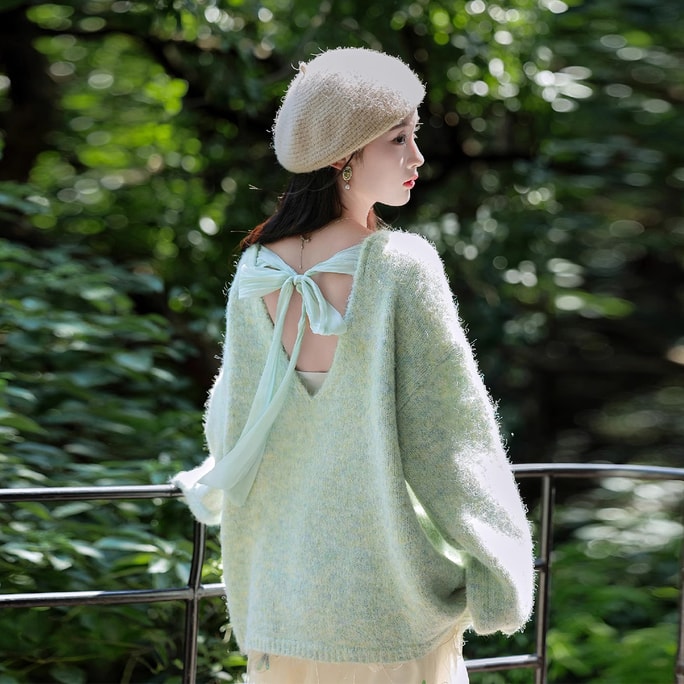 New Back Butterfly Tie Lazy Style Soft And Sticky Knitted Sweater Green M