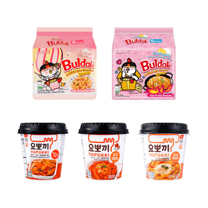 Buldak Ramen Noodles Carbonara+Cream+Tteokbokki Rice Cake Kimchi +Tteokbokki Sweet & Spicy +Tteokbokki Tomato 60.85 oz