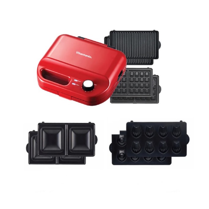【Value Pack 2+2 Plates】Japan 100V Breakfast Maker +4 Plates (Square Toast + Madeleine) Red VWH-50-R NA Voltage