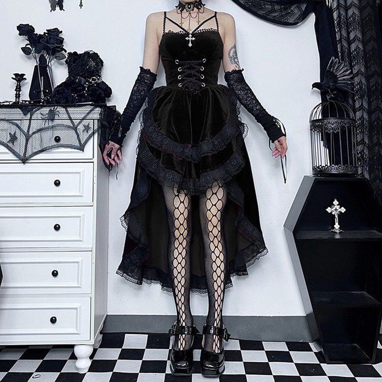 New Gothic Style Lace Patchwork Sexy Lolita Hot Girl Dress Black S