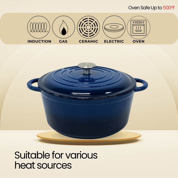 시나몬 주철 에나멜 냄비 26cm (5쿼트) 네이비 블루, 다용도 가정용 스튜 냄비/슬로우 쿠커. 천연 미세 압력 조리 방식으로 은은하게 끓여 풍미를 더합니다. 오븐 및 식기세척기 사용 가능. 7
