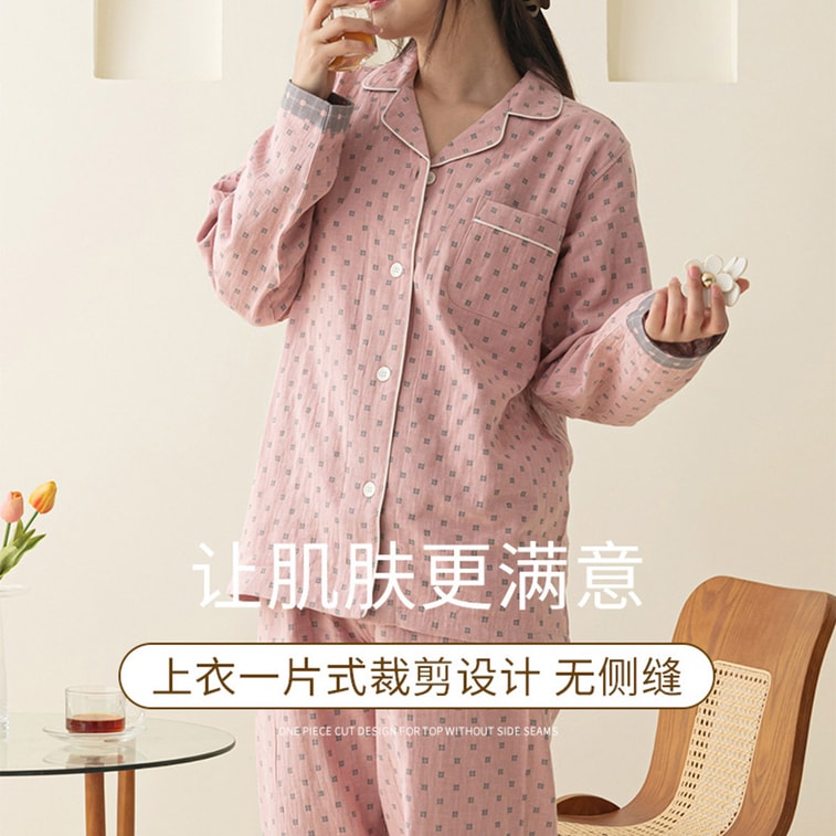 Class A 100% Cotton Double-Layer Yarn Casual Long-Sleeve Pajamas, Pink Jade 2XL 4