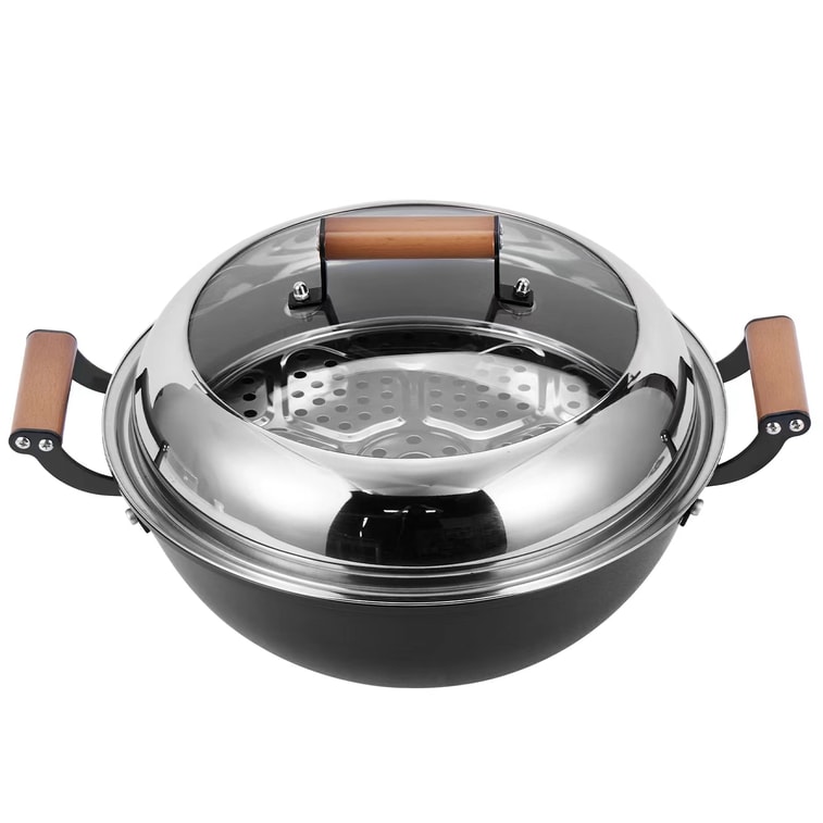 王源吉 ⭐蒸炖全能⭐【完美之选】 32cm 双耳铁锅带蒸笼 无涂层健康烹饪 高效均匀加热 一锅多用省时省力 8