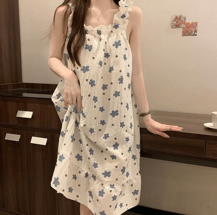 【中国直邮】 Lullabuy 蓝色碎花睡裙吊带女士家居服纯棉-M码