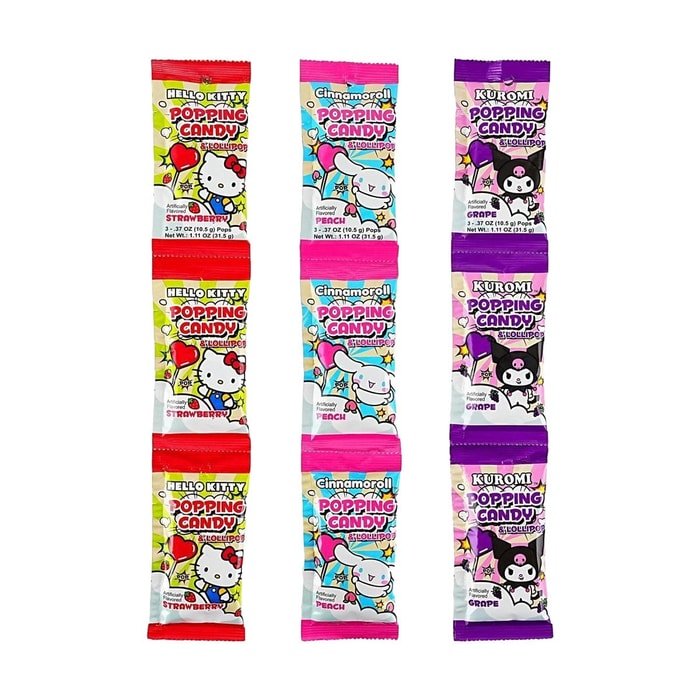Sanrio Hello Kitty Popping Candy & Lollipop,Strawberry+Grape+Peach Flavor,0.37oz*9 packs【3 Flavors 9 Combo Packs】