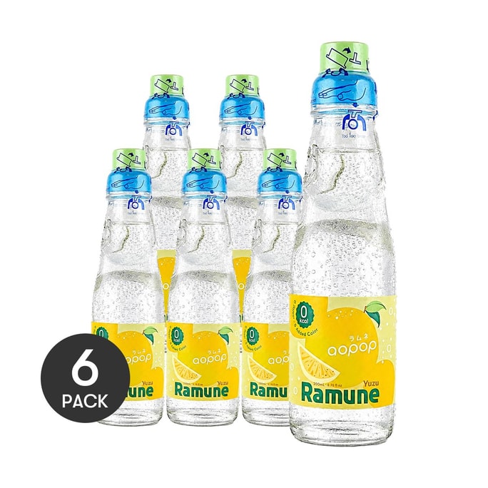 0 Calories Ramune Japanese Marble Soda,Yuzu Flavor, 6.76 fl oz *6【6 Packs】【 0 Sugar 0 Fat】