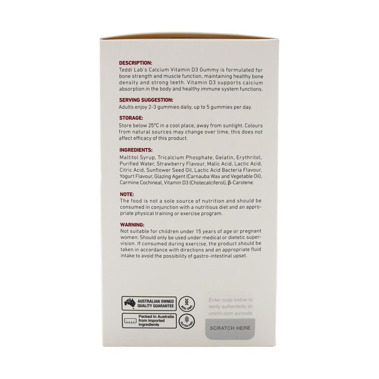 澳洲UNICHI 鈣D3小熊軟糖 女性維生素軟糖 0糖 草莓優格口味 60粒 180g 3瓶一週期 精準補鈣實力派 養出骨相美 4