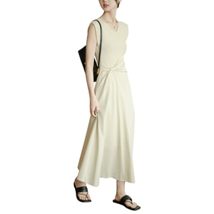 New Temperament Design Sense V-neck Bow A-line Dress Apricot S