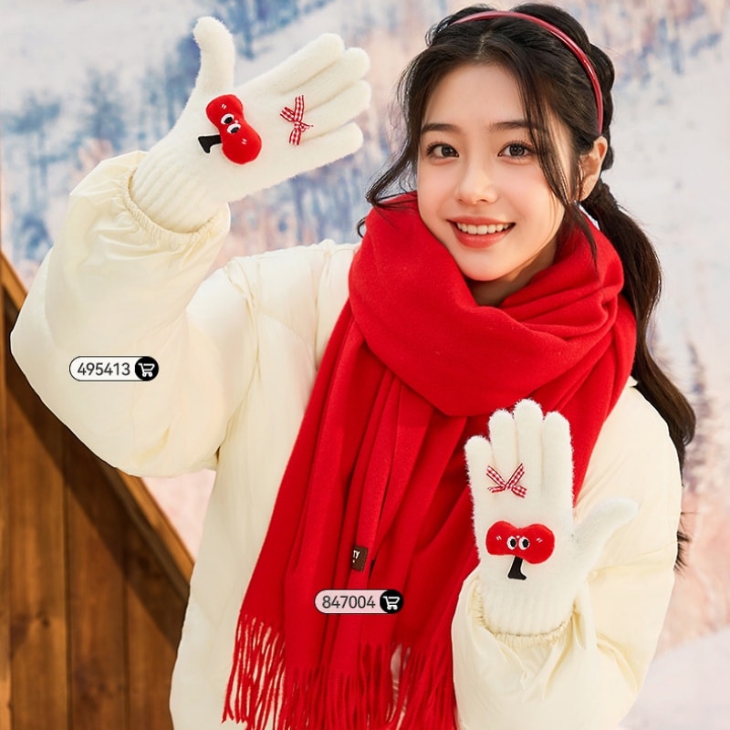 【中國直郵】 三福 趣味結形五指手套 可愛戶外保暖手套 蘋果黃 均碼一雙裝