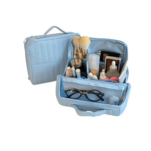 Standing makeup bag for women, large capacity, simple cosmetics, compartmentalized storage bag, travel handbag, portable toiletry bag, 1 blue one (24*8*20cm)