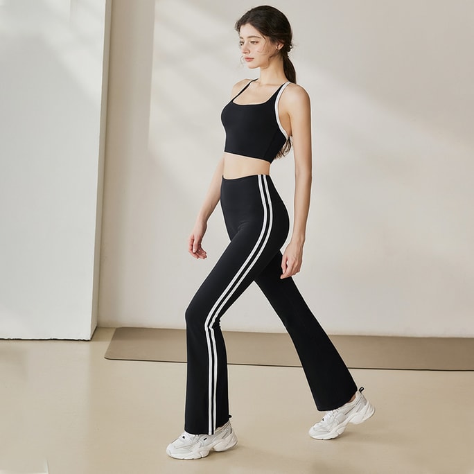 【中國直郵】 HSPM 運動套裝 拼色瑜珈內衣 運動戶外 女士微喇健身褲兩件式 黑色套裝 S