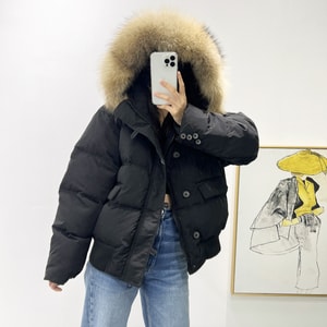 【中国直邮】 HSPM 新款大毛领宽松加厚羽绒服外套 黑色 M