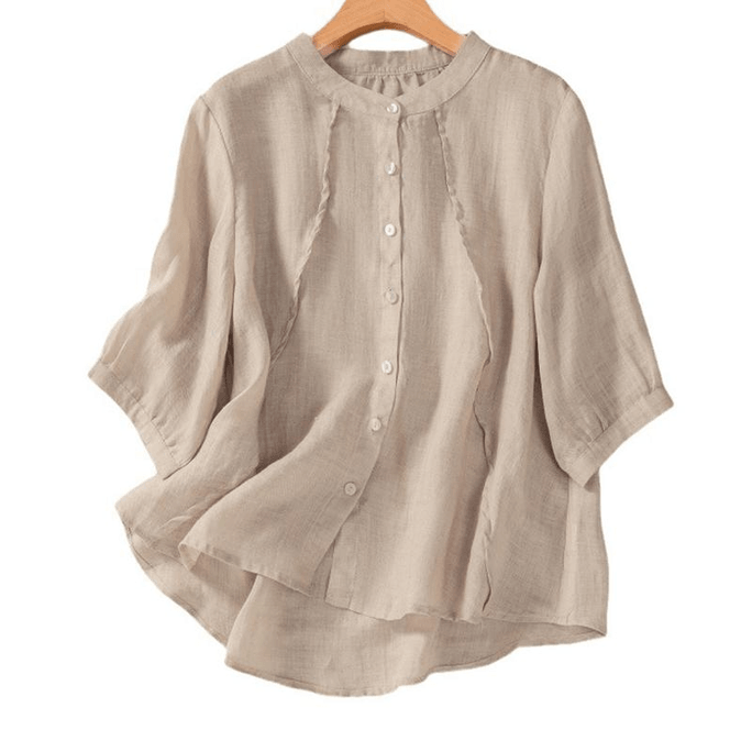 Chinese Style Women Stand Collar Half Sleeve Casual Shirt Top Khaki M