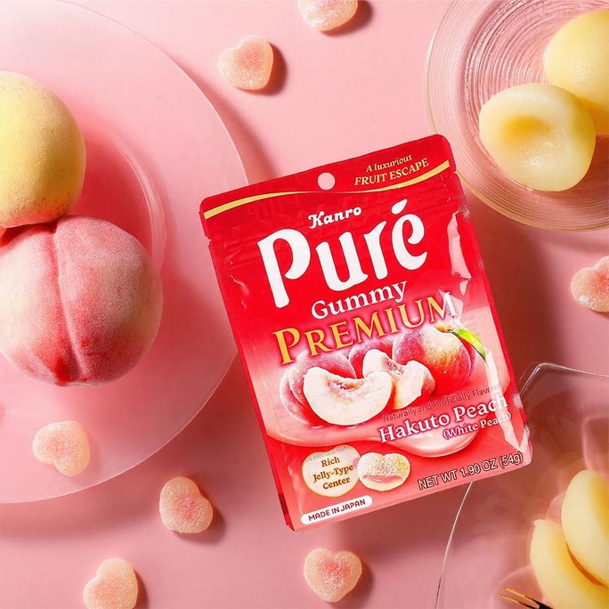 Pure Gummy Candy,Premium Hakuto White Peach Flavor,1.9 oz【Cute Heart-Shaped】【Japan Trendy】【IVE Jang Wonyoung's Pick】