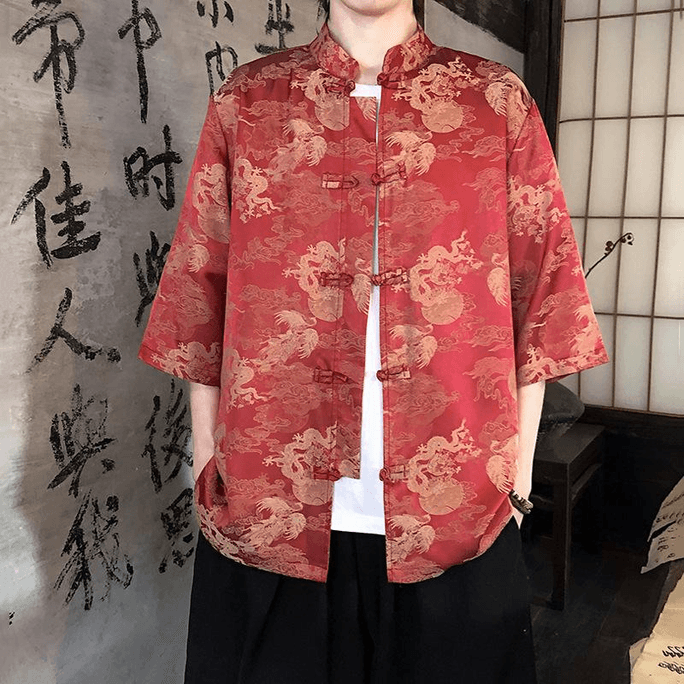 Chinese Style Silk Jacquard Knot Button Stand Collar Half Sleeve Tang Suit Hanfu Red M